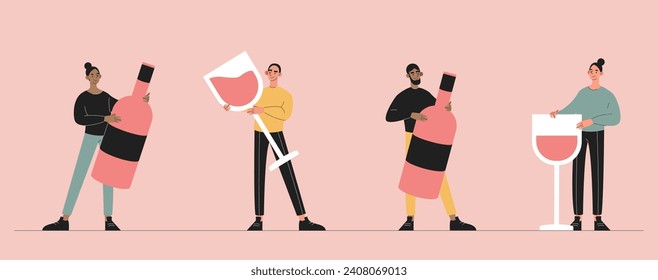 Gente con vino. Hombres y mujeres con bebidas alcohólicas y bebidas. Los personajes con alcohol celebran fiestas y festivales. Colección vectorial plana de dibujos animados aislada en fondo rosa