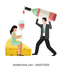 People wine tasting concept. Huge bottle, wineglass, cheese and tiny characters vector illustration. Man pours wine into a glass for woman sitting on big cheese piece. Degustation of alcohol beverages