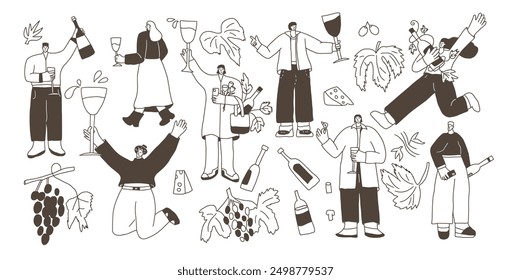 People in wine tasting festival kit. Cute characters with wineglass visit vineyard and cellar room. Set of wine lovers. Vector hand drawn doodle illustration isolated on white background.