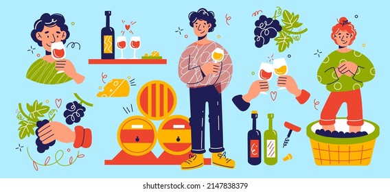 People winemakers. Grape harvest, winegrowers and sommeliers characters, natural winery product, making alcohol drink process, oak barrels, wine glasses with beverage vector isolated set