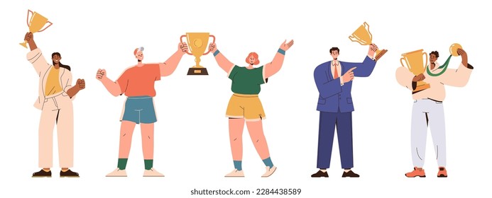 Personajes ganadores con el premio de la copa de oro por el mejor logro y éxito. Conjunto de campeones de la competencia felices con premio de recompensa por triunfar en los negocios, el deporte o el trabajo. Ilustración del vector