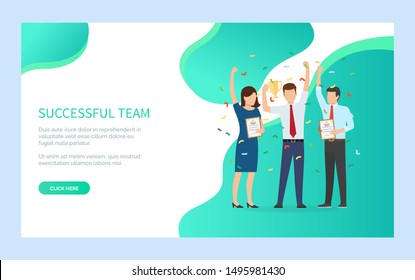 People winner, successful team, people holding award and diploma standing together, portrait view of worker with win, employee reach goal vector. Website or webpage template, landing page flat style