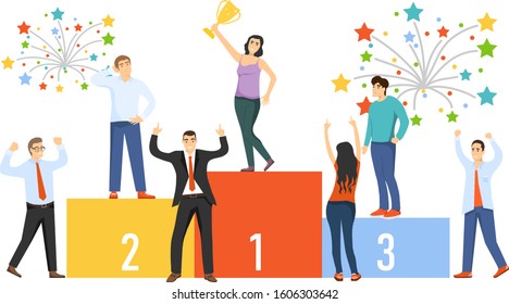 People are winners. A group of people mini characters stand on the podium of glory. Vector, cartoon illustration of a winners concept. Vector.