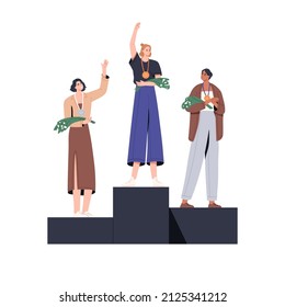 People winners on pedestal. Business women champions stand on podium with awards, celebrate victory, first and prize places on ceremony. Flat graphic vector illustration isolated on white background