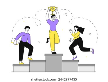 People at winners podium linear. Men with golden cup. Woman and yong guys with trophy. Reward and award. Success and motivation. Simple flat vector illustration isolated on white background