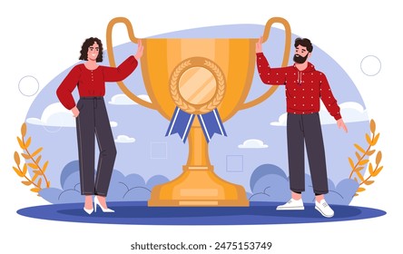 Personas ganando la copa. Hombre y mujer cerca de la copa de oro. Metáfora del trabajo en equipo exitoso. Colaboración y cooperación. Ganadores en competición y torneo. Ilustración vectorial plana de dibujos animados