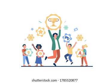 People winning different prizes. Team of winners celebrating achievements, holding gold cup and medals. Vector illustration for trophy, award, success concepts