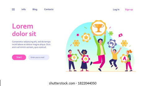 People winning different prizes. Team of winners celebrating achievements, holding gold cup and medals. Vector illustration for trophy, award, success concepts