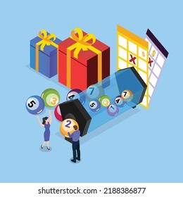 People winning lottery, getting gift box, drawing crosses on tickets isometric 3d vector illustration concept for banner, website, illustration, landing page, flyer, etc.