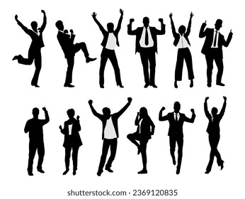 People in winning poses silhouettes. Happy men and women in formal office outfits celebrating victory with their arms up. Business team success. Monochrome vector black icons on white background.