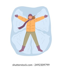 People winter activities outside butterfly or angel on snow, flat cartoon vector illustration. Man and woman in wintertime cloth making wings by hands and arms, leisure activities outdoors