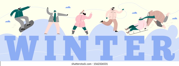 People and winter activities. Vector illustration of people, playing in snowballs, ice skater, sledding, skateboard. Web banner