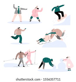 People and winter activities. Vector set. Illustration of ice skater, skiing, couple, playing snowballs and making snowman, sledding, snowboarding.