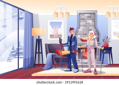 People in winter cabin. Family enjoying vacation at ski resort vector illustration. Man and woman in clothes and hats with skis in apartment with fireplace and window view on slopes.