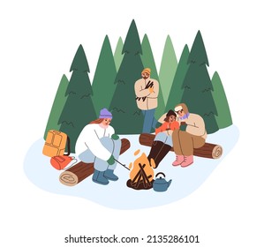 La gente en el campamento de invierno, calentándose con fogatas, té caliente. Amigos sentados frente a una hoguera en el bosque con frío clima de nieve. Hombres y mujeres descansando por fuego. Ilustración vectorial plana aislada en fondo blanco