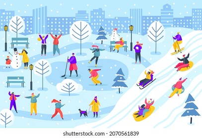 People in winter city park, characters sledding or ice skating. Family making snowman and having fun in wintertime outdoor vector illustration. Children having snowball fight, playing hockey