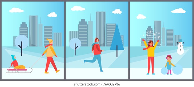 People in winter city, set of poster with woman happy because of snowflakes, kid on sled and girl with snowman and snowballs vector illustration