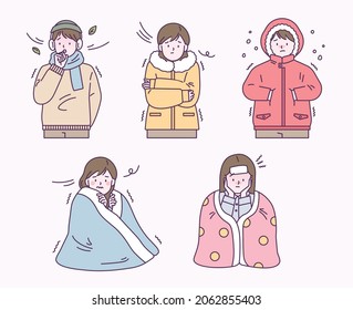 People in winter clothes or blankets are shivering from the cold. flat design style vector illustration.