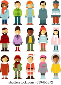 People in winter clothes. Characters stand set in flat style isolated on white background