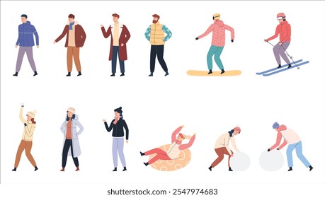 Personas en ropa de invierno. Diferentes personas hacen actividades de verano, montar, divertirse, caminar en la estación fría. Ilustración vectorial