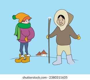 People in winter clothes. Eskimo. Vector graphics, eps