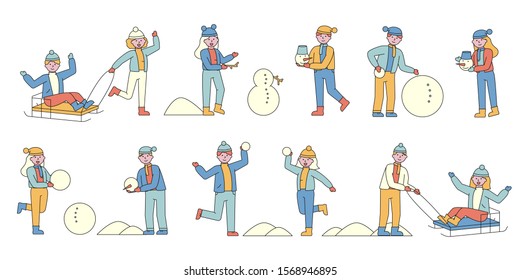 People in winter clothes flat charers set. Joyful kids enjoying wintertime ivities. Making snowman. Happy friends, children playing snowballs and sledding. Cold season ive rest.