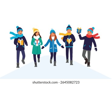 People in winter clothes with gifts