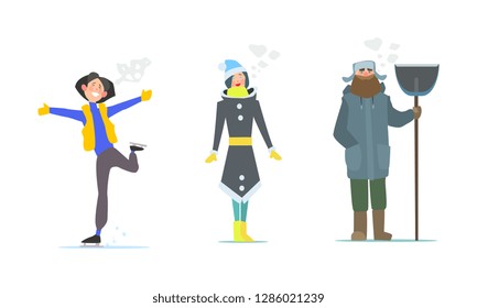 People in winter clothes, girl skating, man with a shovel vector Illustration