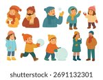 People in winter clothes having fun outdoors, warm outfits and snow activities in flat style.