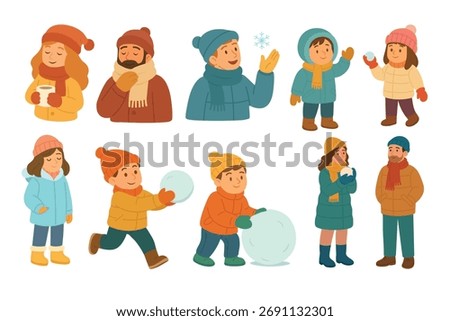 People in winter clothes having fun outdoors, warm outfits and snow activities in flat style.