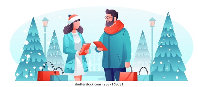 people in winter clothes holding shopping bags and using tablets outdoor new year holiday season big sale special offer promotion discount