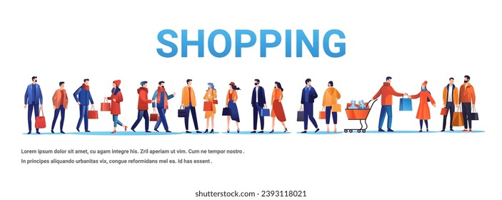 people in winter clothes holding shopping bags season big sale special offer promotion discount horizontal full length