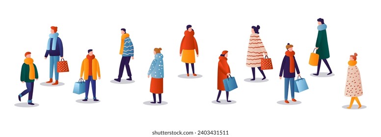 people in winter clothes holding shopping bags season big sale special offer promotion discount horizontal full length