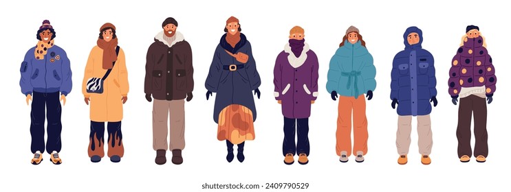 People in winter clothes. Men and women in warm casual wears. Modern garment. Relevant outfits. Trendy coats. Down jackets and boots. Standing people. Hats or scarves