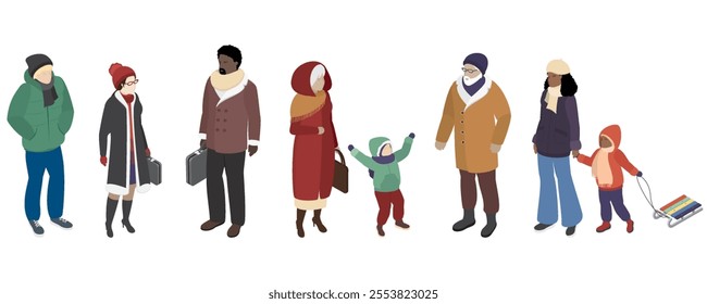 People in winter clothes set. Persons of different ages and races wearing warm outfit in cold weather outdoor. Isometric vector illustration on white background