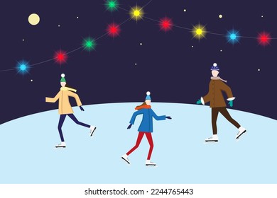 People in winter clothes skating on a skating rink against the background of the night starry sky and multicolored lights garlands. Winter background, vector illustration