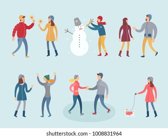 People in winter clothes vector flat set. The picture shows different people and events happening to them: the celebration of the new year, skating, a man sculpting a snowman, a first date and so on.