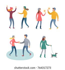 People in winter clothes vector flat set. The picture shows different people and events happening to them: the celebration of the new year, skating, walking with a dog, meeting with a friend.