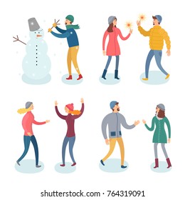 People in winter clothes vector flat set. The picture shows different people and events happening to them: the celebration of the new year, a man sculpting a snowman, a first date.