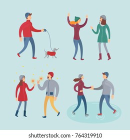 People in winter clothes vector flat set. The picture shows different people and events happening to them: the celebration of the new year, skating, walking with a dog, meeting with a friend.