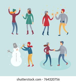 People in winter clothes vector flat set. The picture shows different people and events happening to them: the celebration of the new year, skating, a man sculpting a snowman,  meeting with a friend