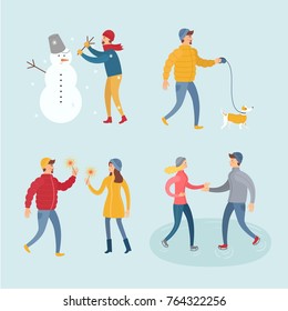 People in winter clothes vector flat set. The picture shows different people and events happening to them: the celebration of the new year, skating, a man sculpting a snowman, walking with a dog.