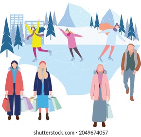 People in winter clothes vector illustrations in flat. Vector illustrations set. Ice scating, winter shopping. Christmas outdoors.