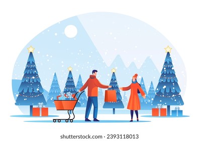 people in winter clothes walking outdoor with shopping bags season big sale special offer promotion discount landscape background
