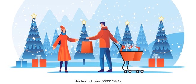 people in winter clothes walking outdoor with shopping bags season big sale special offer promotion discount landscape background
