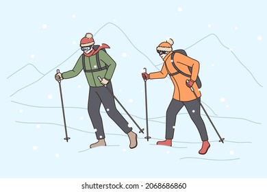 People in winter clothing hike in high mountains. Couple tourists climbers walk through heavy snow on mount peak. Climbing in wild nature, mounteering sport concept. Flat vector illustration. 