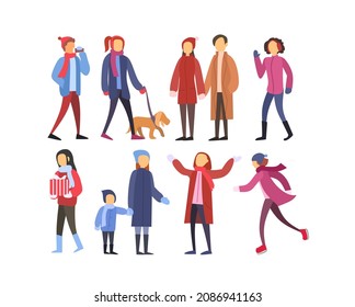 people in winter with different gestures and various kinds of winter clothes