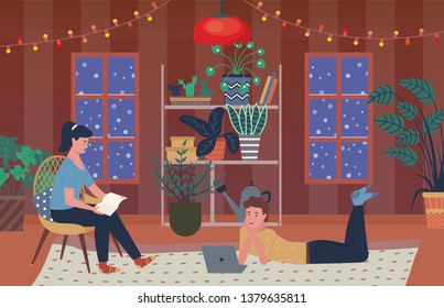 People in winter evening spending time at home vector, man and woman, male watching film on laptop and female reading book. Plants in pots and vases