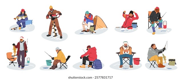 People winter fishers cartoon characters wearing warm clothing enjoying seasonal outdoor hobby activity isolated set. Fishermen fishing in ice hole of frozen river or lake vector illustration