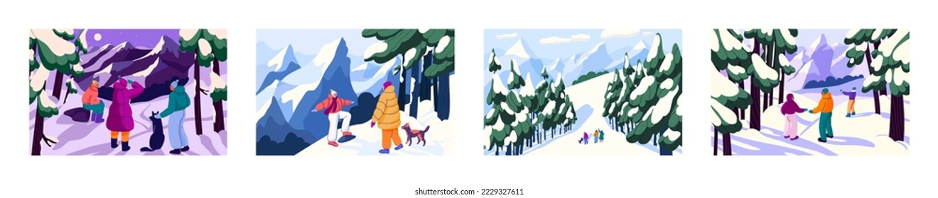 People in winter forests set. Families, friends, couples walking, hiking in frost, cold weather landscapes. Characters in wood, relaxing outdoors at leisure, on holiday. Flat vector illustrations